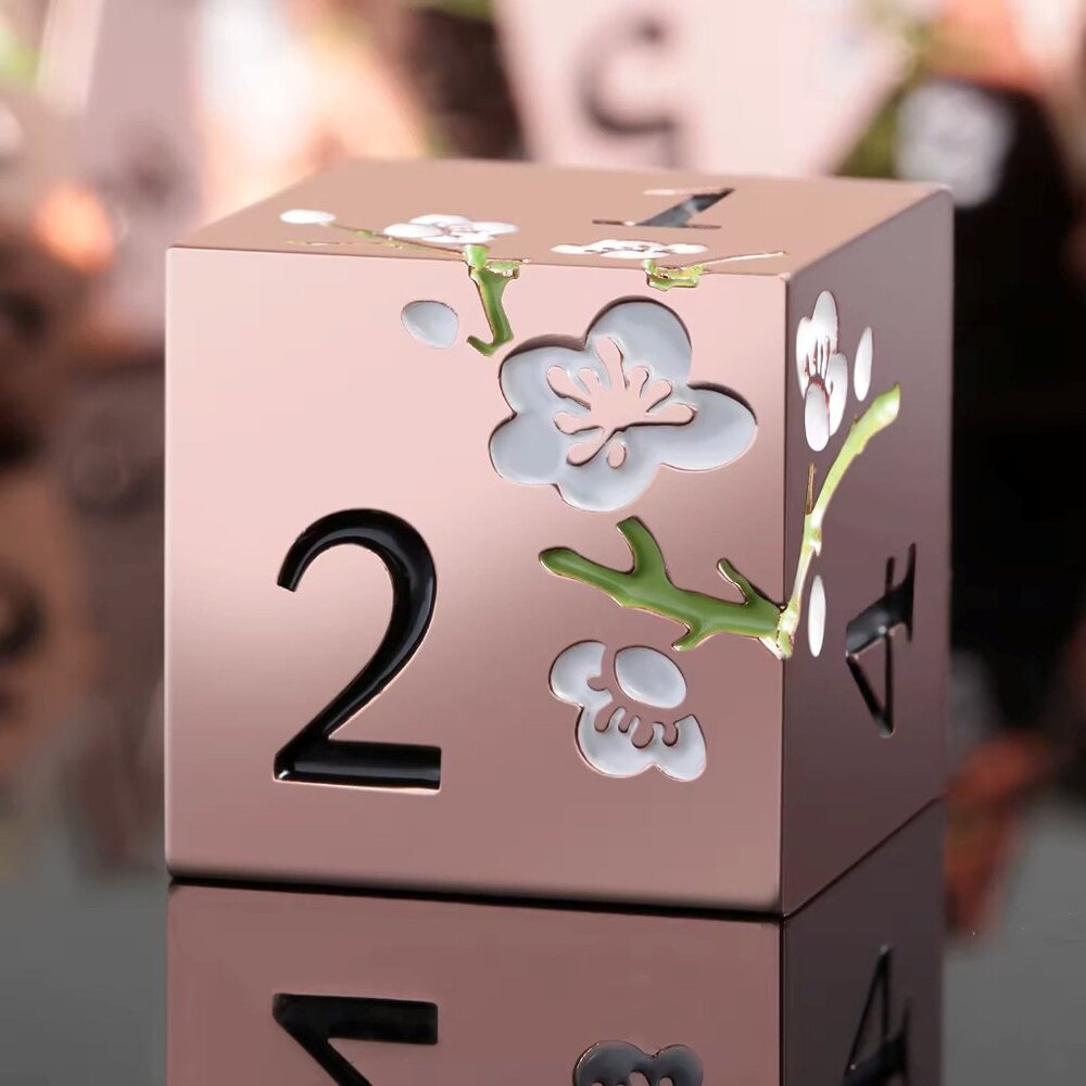 Mahjong Metal Flower Dice | Set of 2 Engraved 6-Sided Dice | Rose Gold - Picture 2 of 4